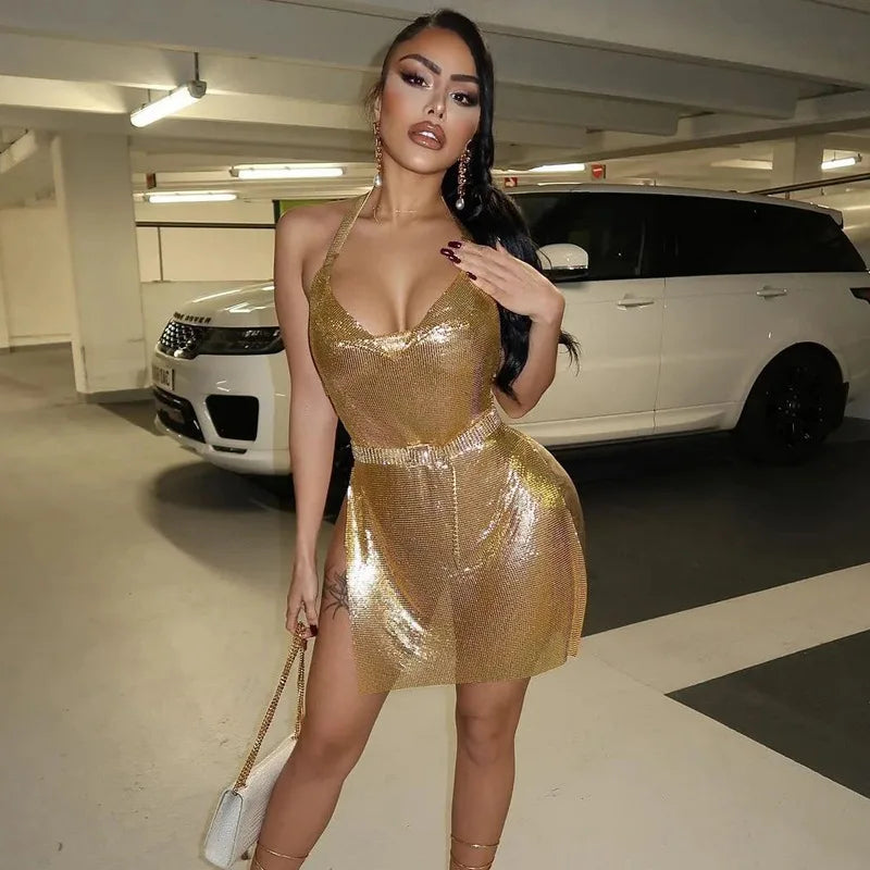 Sequin Drape Halter Mini Dress