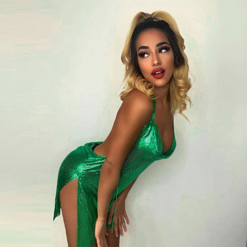 Sequin Drape Halter Mini Dress