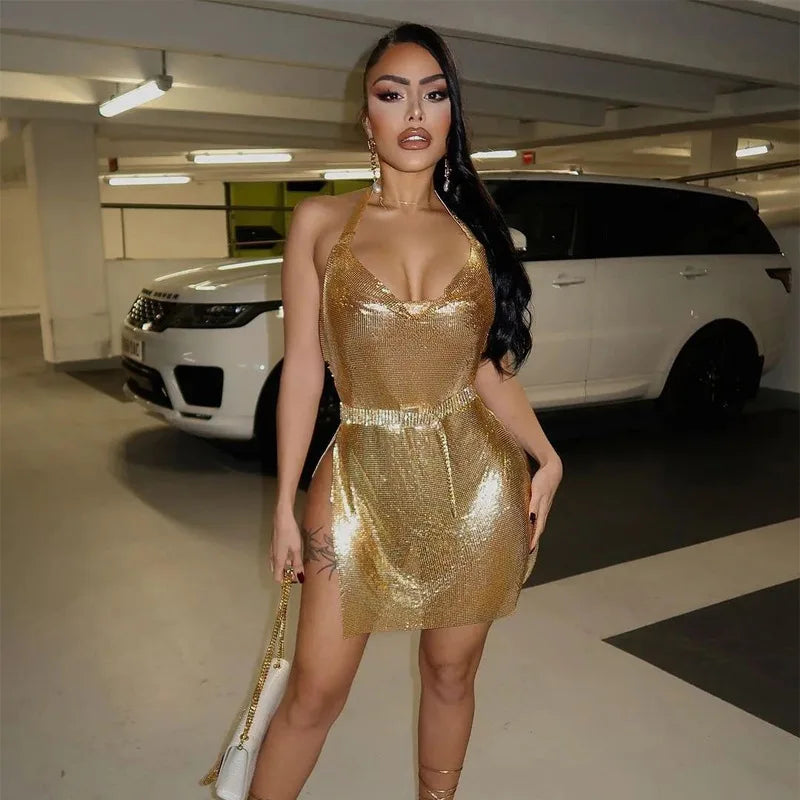 Sequin Drape Halter Mini Dress