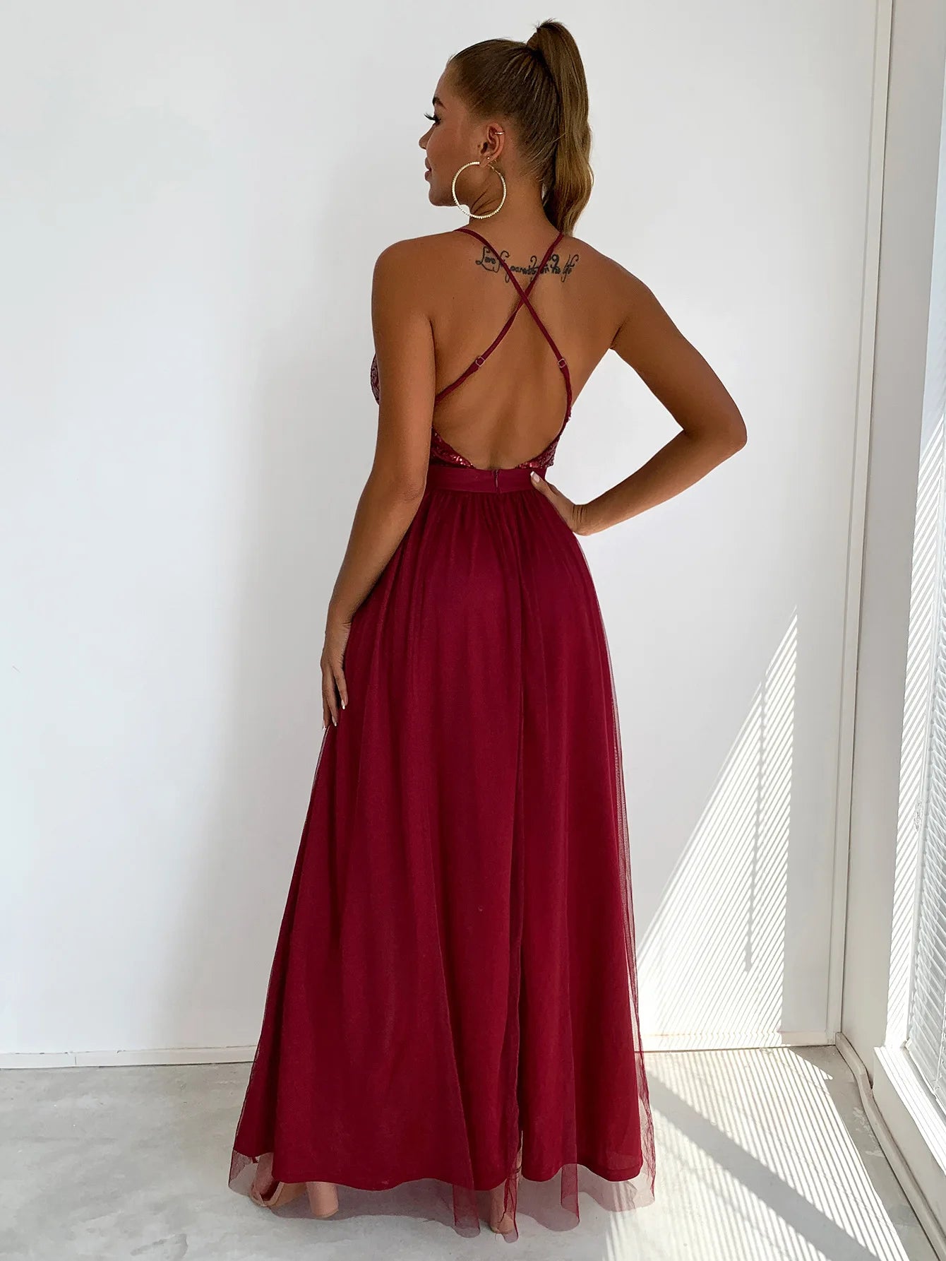 Sequin Bodice Open-Back Maxi Dress