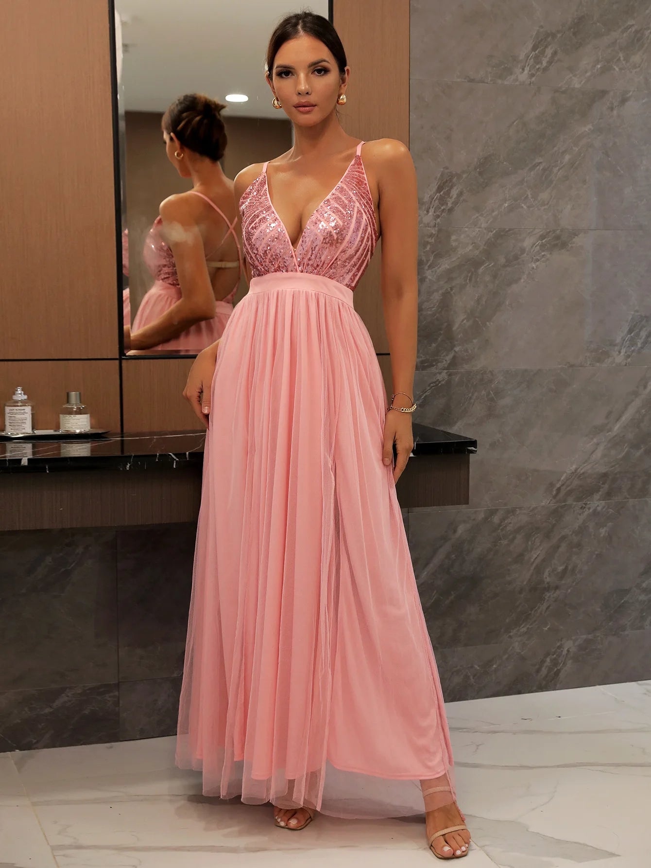 Sequin Bodice Open-Back Maxi Dress
