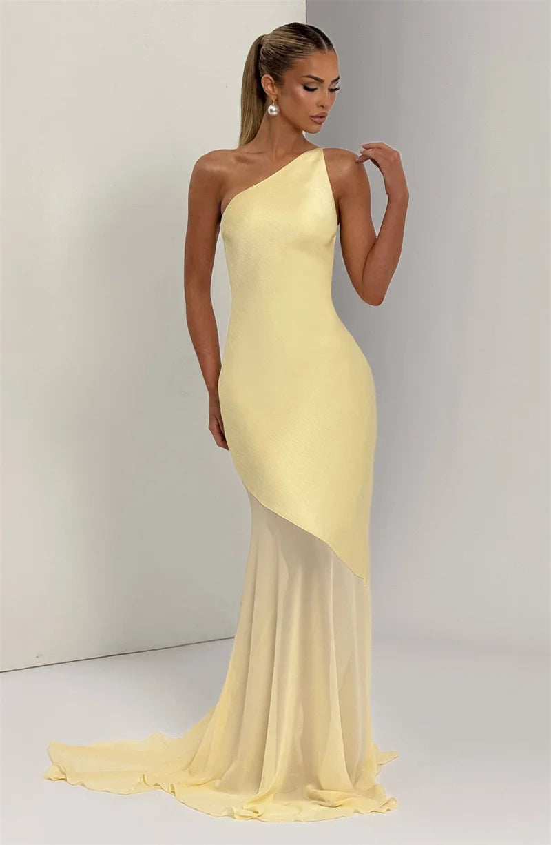 One-Shoulder Sheer Panel Mermaid Gown