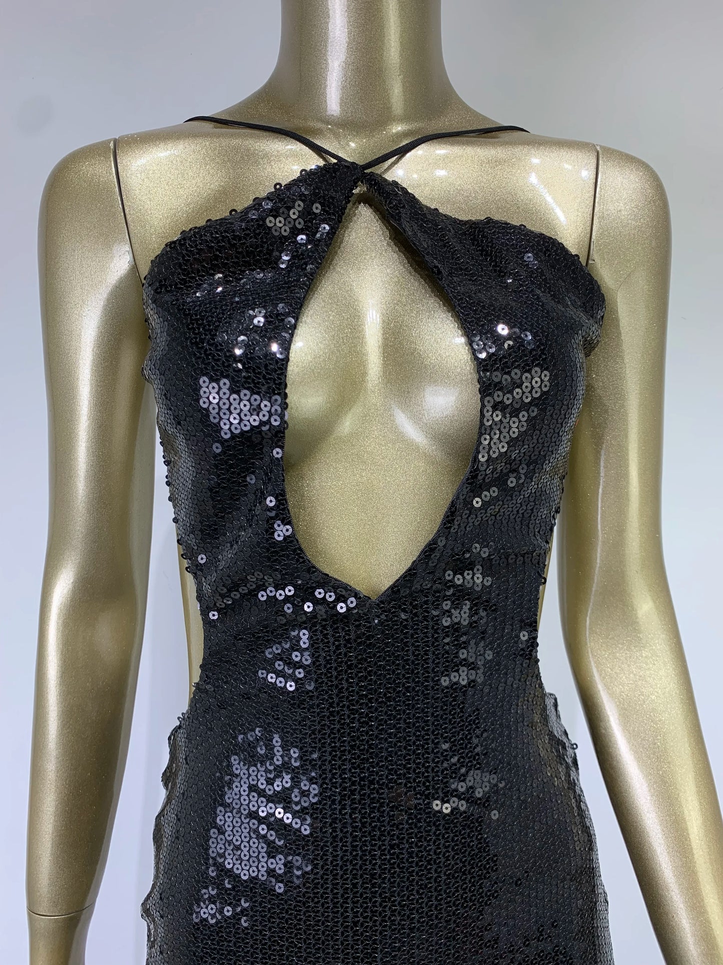 Sequin Halter Plunge Backless Evening Gown