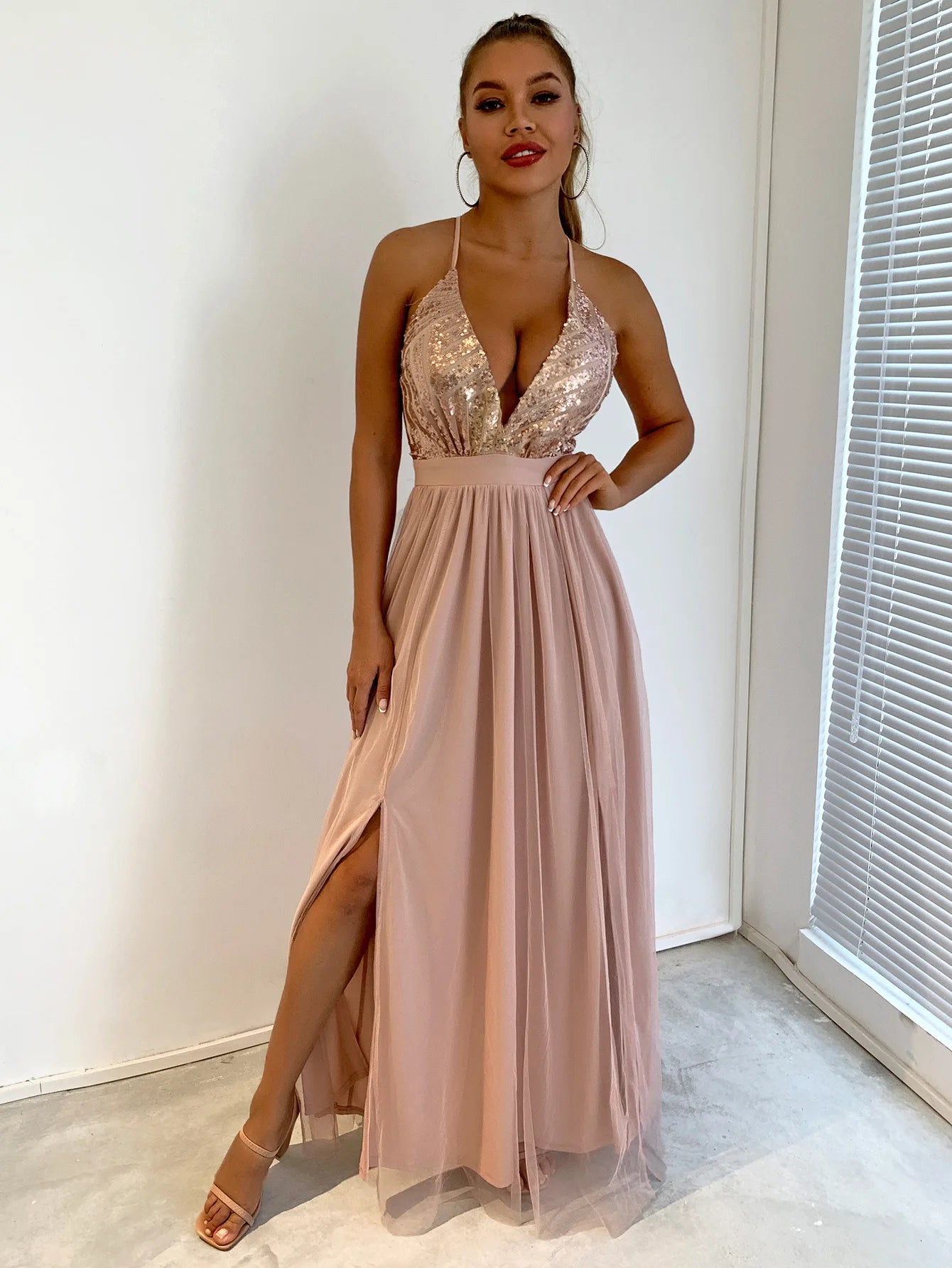 Sequin Bodice Open-Back Maxi Dress