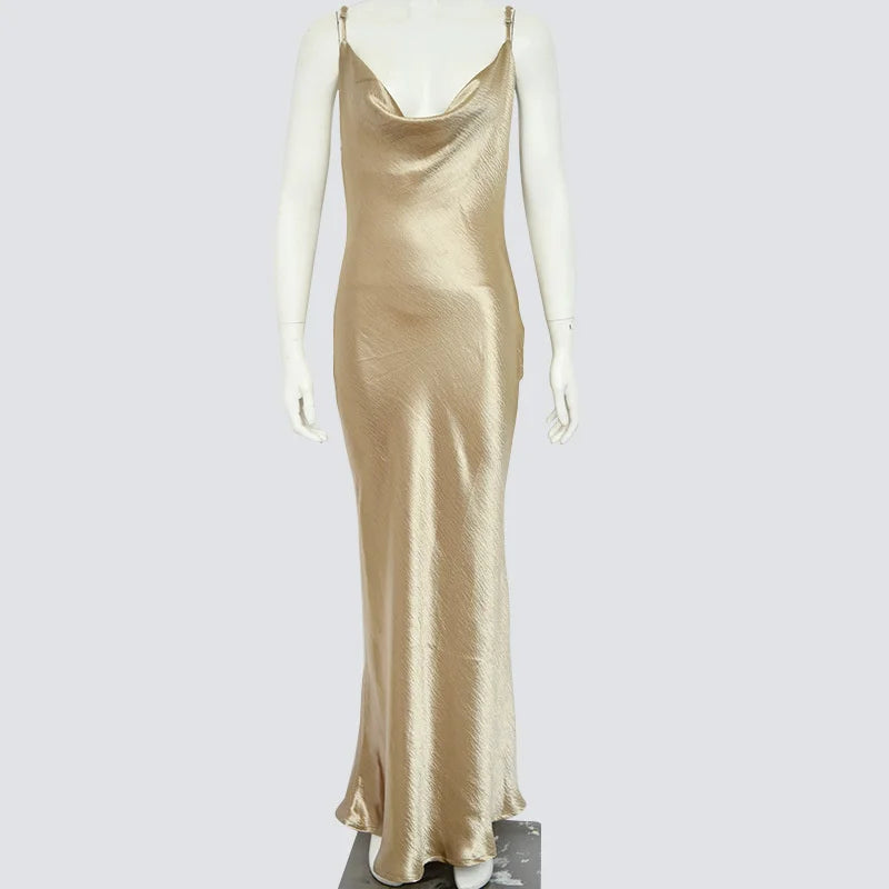Satin Cowl Neck Spaghetti Strap Maxi Dress