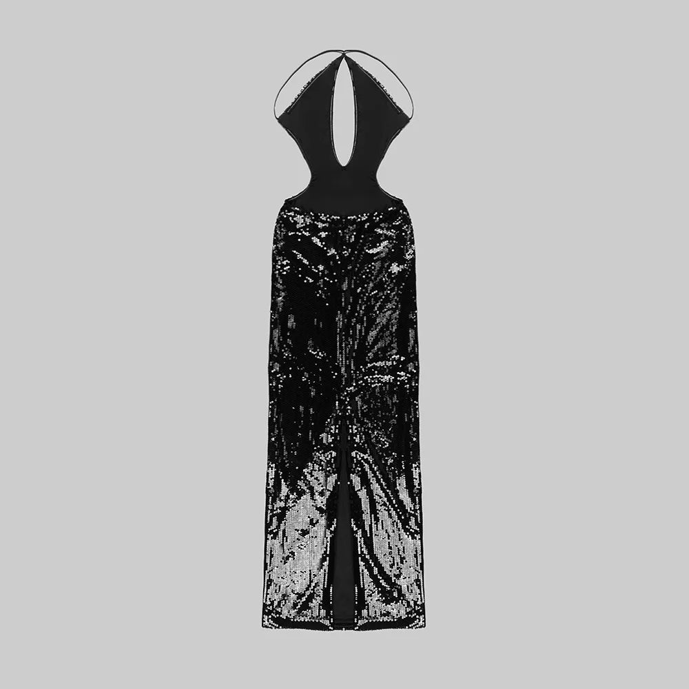 Sequin Halter Plunge Backless Evening Gown