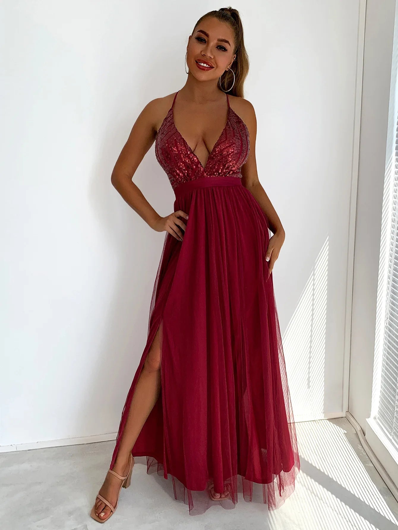 Sequin Bodice Open-Back Maxi Dress