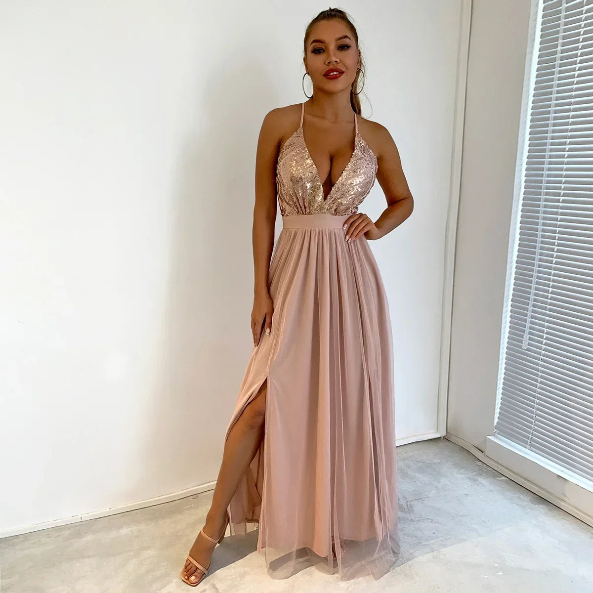 Sequin Bodice Open-Back Maxi Dress