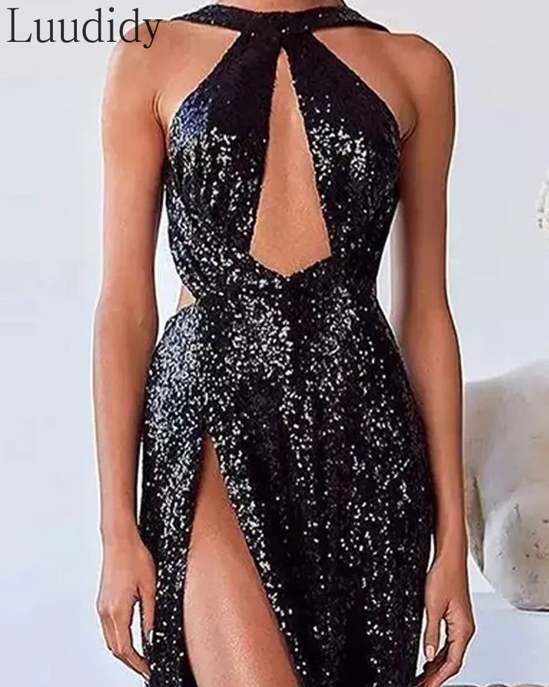 Sequin Halter Cut-Out High-Slit Evening Gown