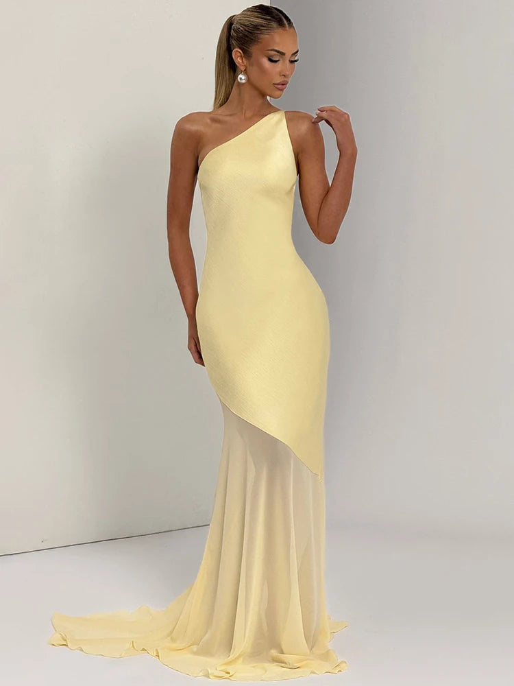 One-Shoulder Sheer Panel Mermaid Gown