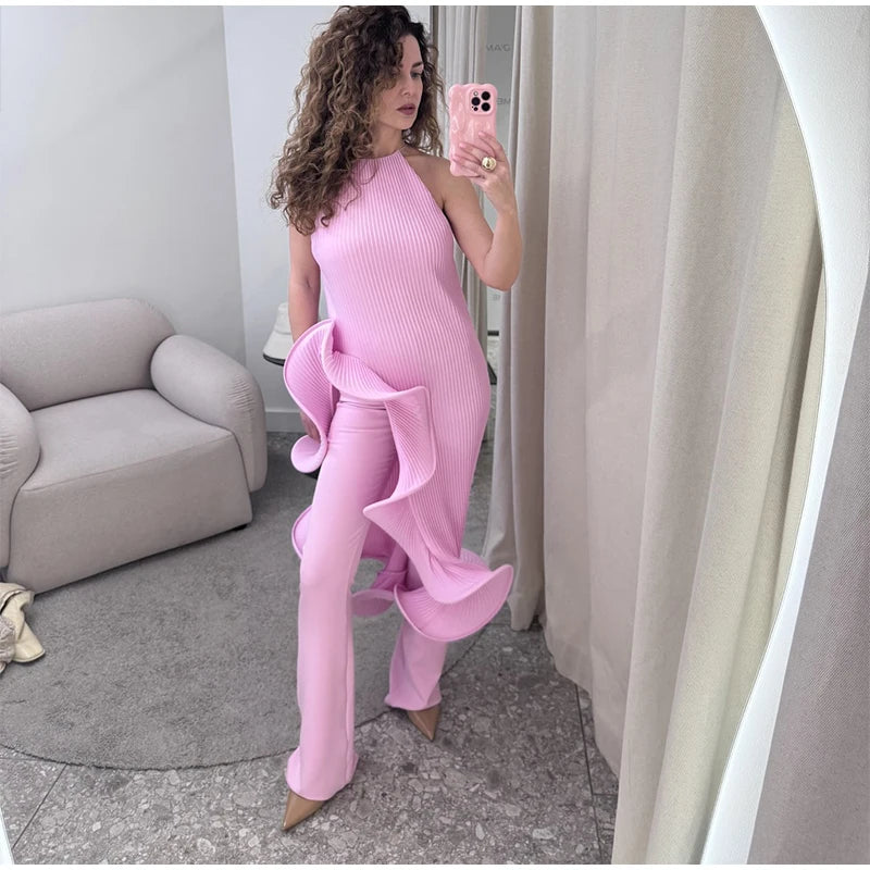 High-Neck Sculpted Ruffle Slit Midi Dress