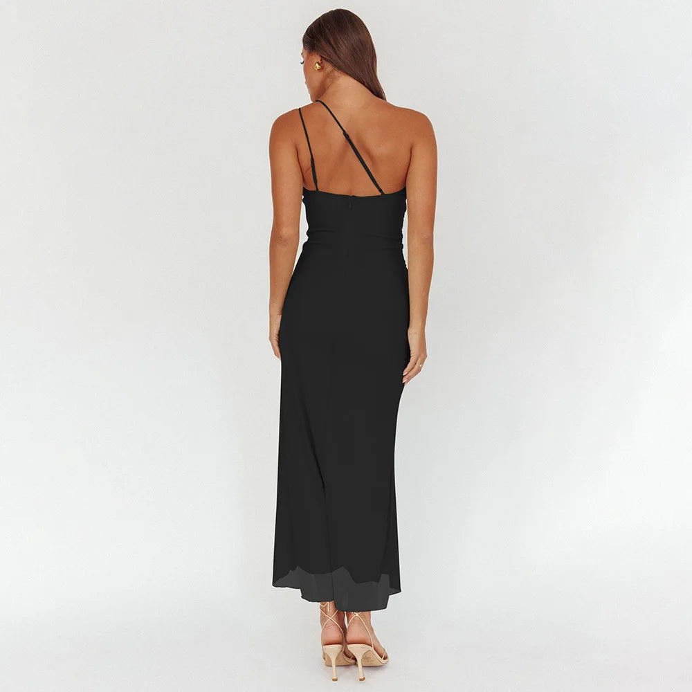 One-Shoulder Ruffle Ruched Midi Dress