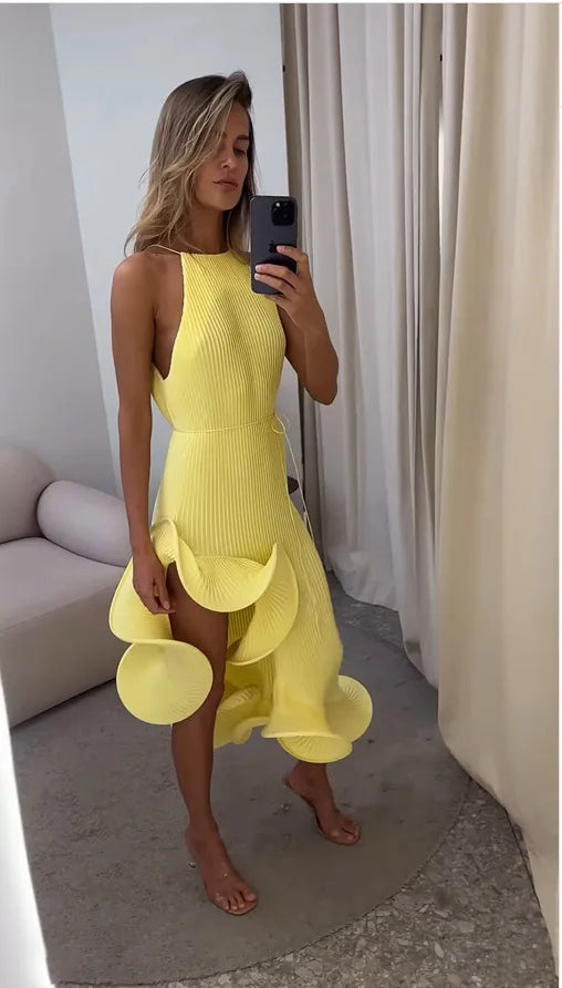 High-Neck Sculpted Ruffle Slit Midi Dress
