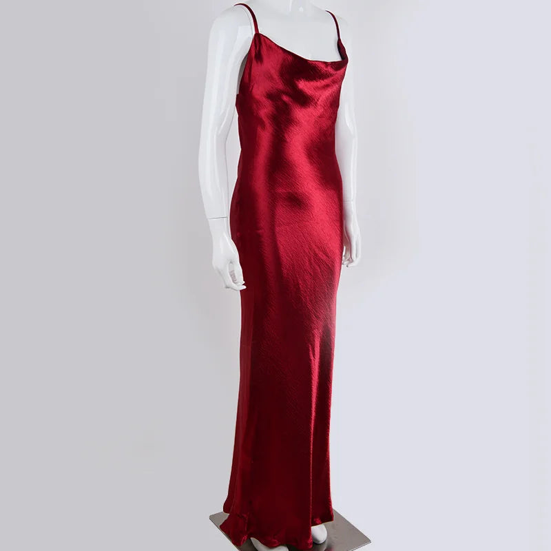 Satin Cowl Neck Spaghetti Strap Maxi Dress