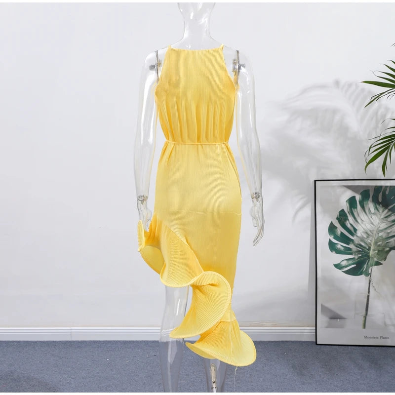 High-Neck Sculpted Ruffle Slit Midi Dress