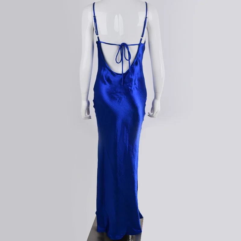 Satin Cowl Neck Spaghetti Strap Maxi Dress