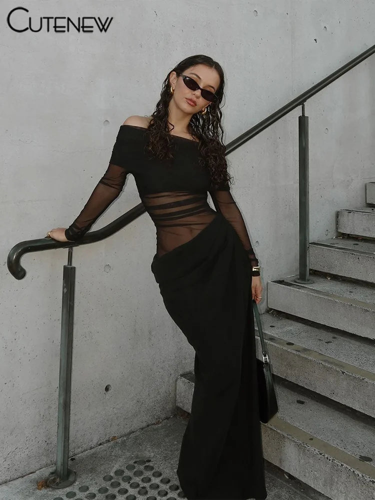 Off-Shoulder Sheer Panel Bodycon Maxi Dress
