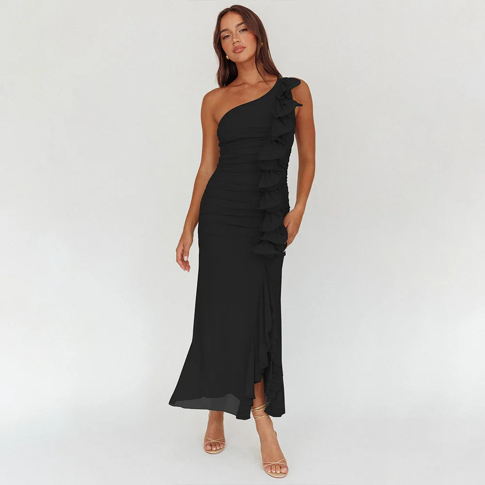 One-Shoulder Ruffle Ruched Midi Dress