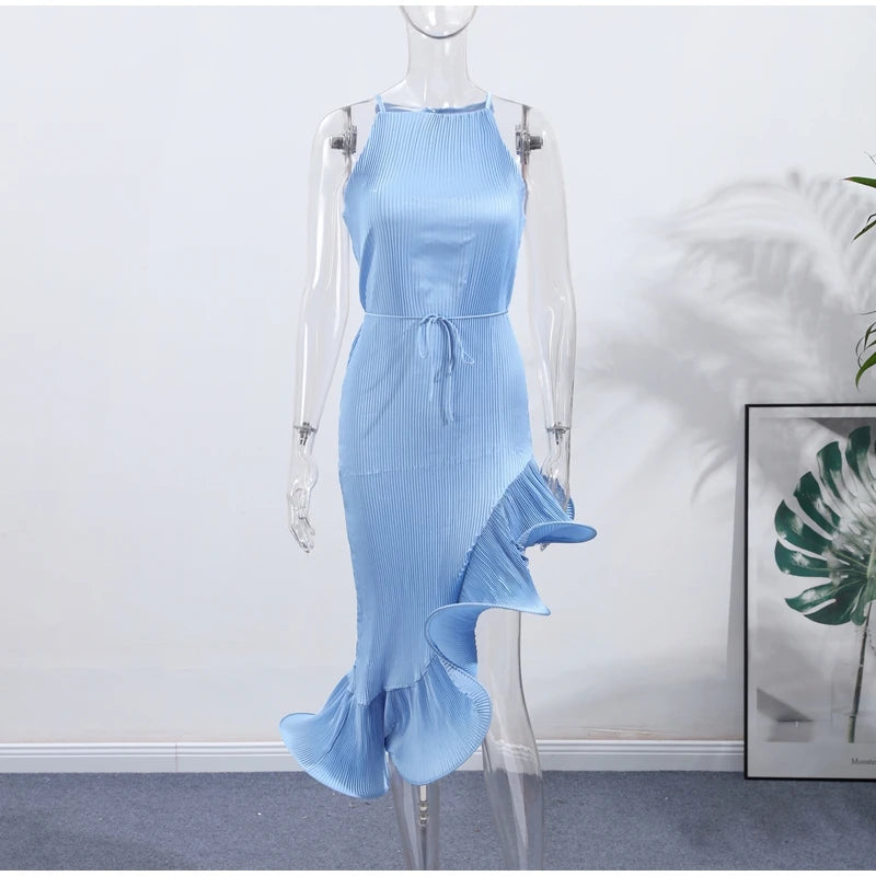 High-Neck Sculpted Ruffle Slit Midi Dress