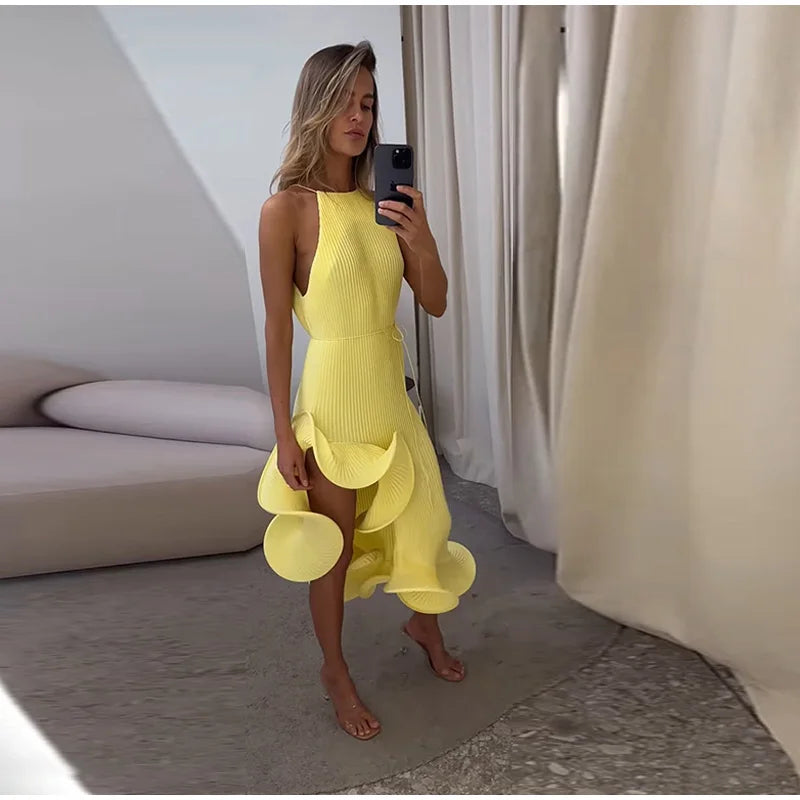 High-Neck Sculpted Ruffle Slit Midi Dress
