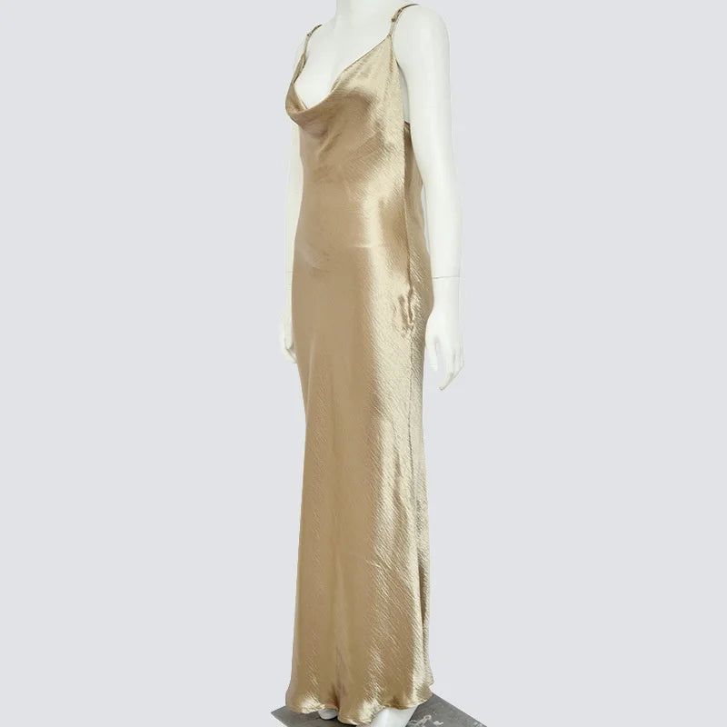 Satin Cowl Neck Spaghetti Strap Maxi Dress