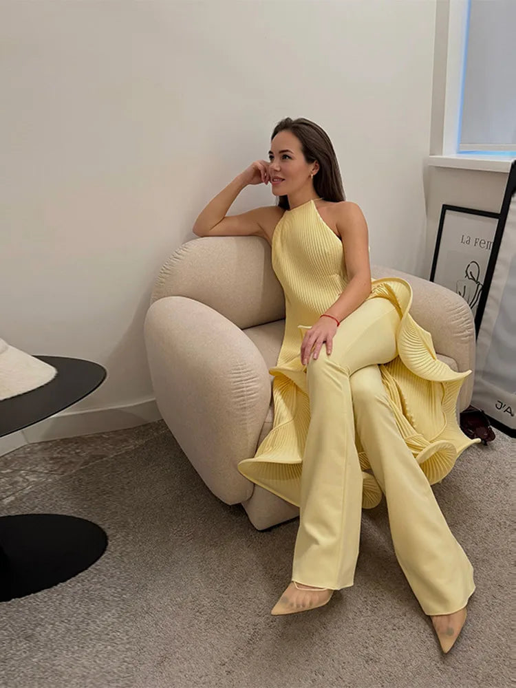 High-Neck Sculpted Ruffle Slit Midi Dress