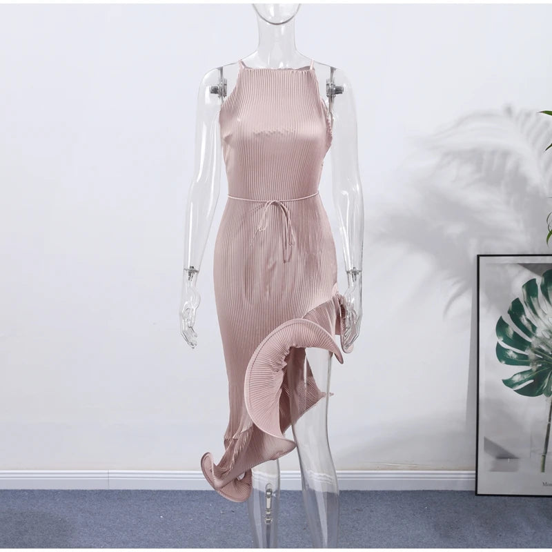 High-Neck Sculpted Ruffle Slit Midi Dress