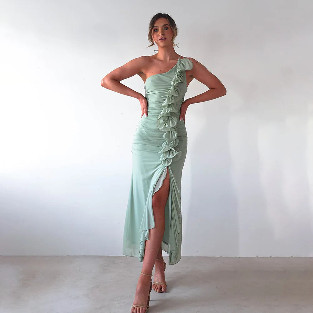 One-Shoulder Ruffle Ruched Midi Dress
