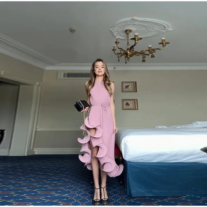 High-Neck Sculpted Ruffle Slit Midi Dress