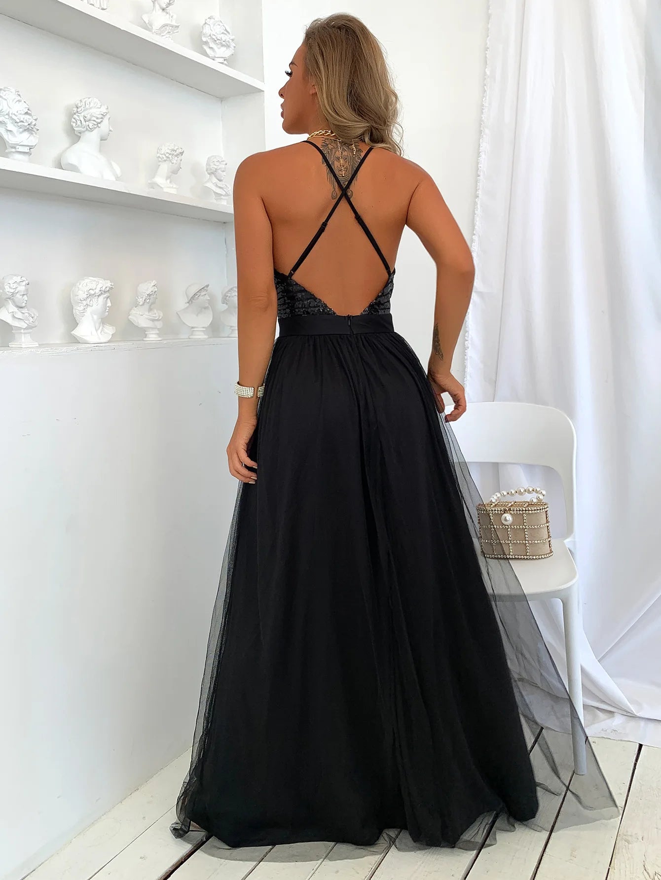 Sequin Bodice Open-Back Maxi Dress