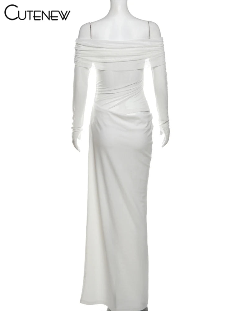 Off-Shoulder Sheer Panel Bodycon Maxi Dress