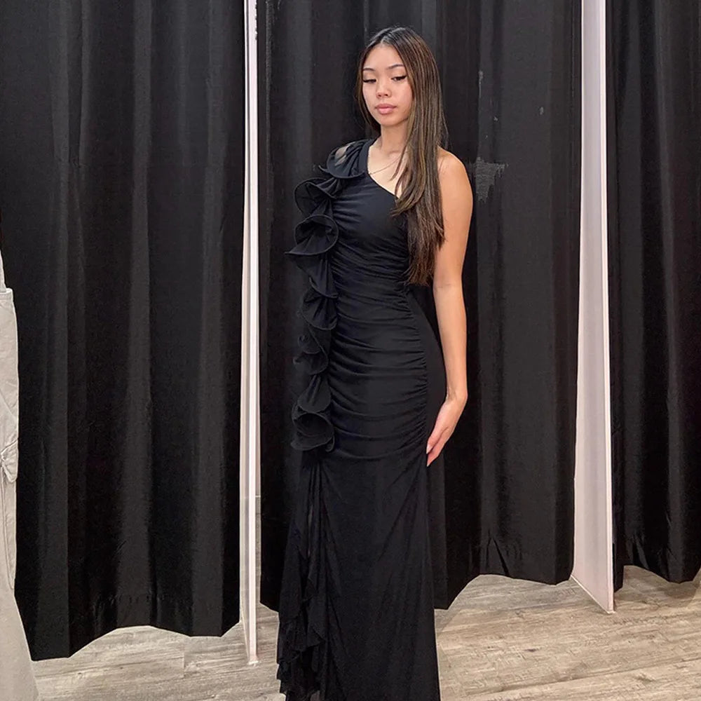 One-Shoulder Ruffle Ruched Midi Dress