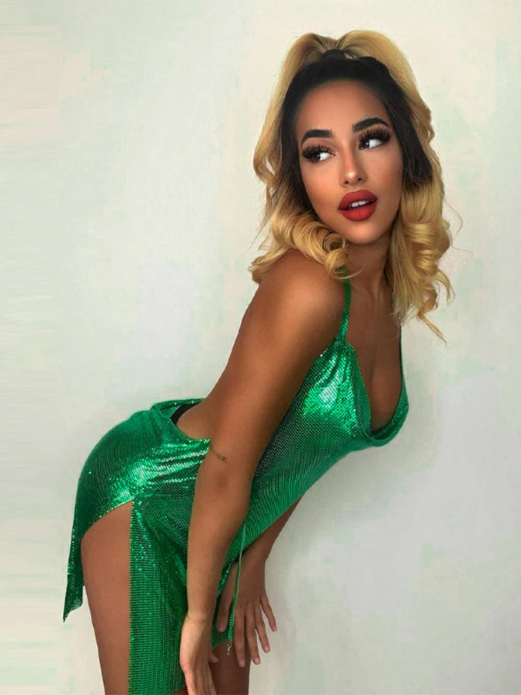Sequin Drape Halter Mini Dress