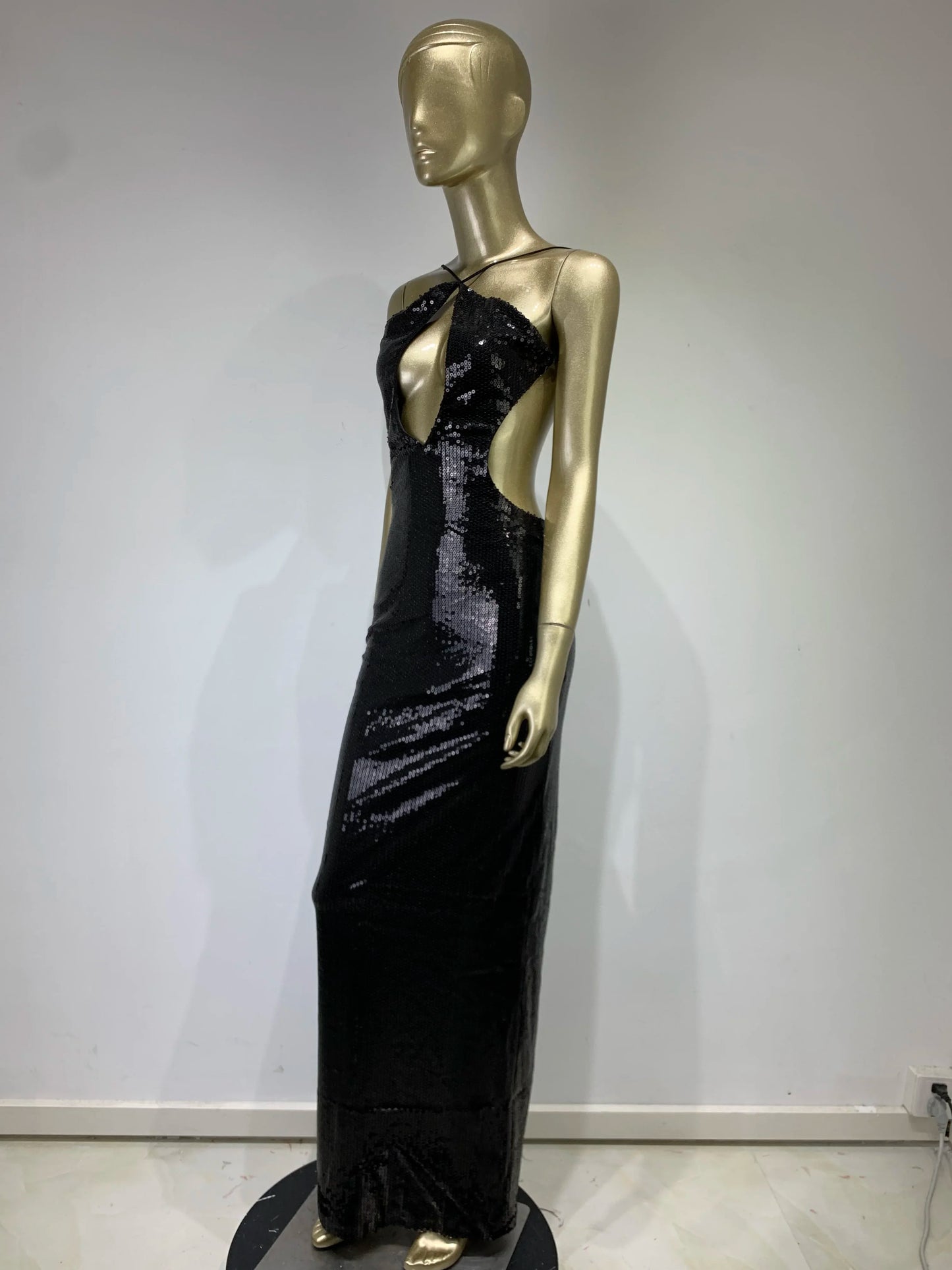 Sequin Halter Plunge Backless Evening Gown