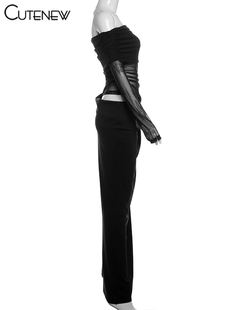 Off-Shoulder Sheer Panel Bodycon Maxi Dress
