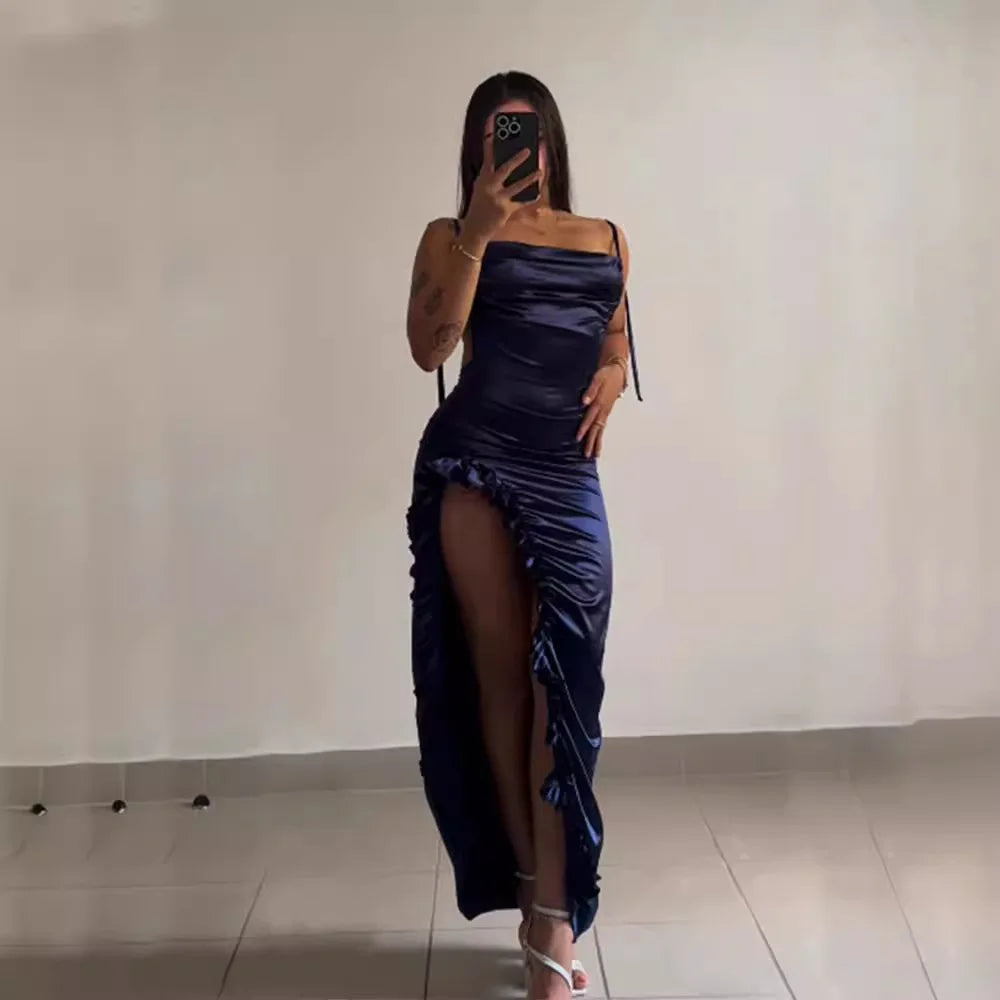 Satin High-Slit Ruffle Evening Dress