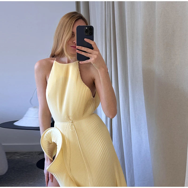 High-Neck Sculpted Ruffle Slit Midi Dress