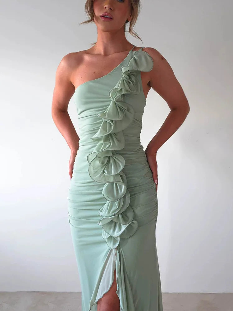One-Shoulder Ruffle Ruched Midi Dress