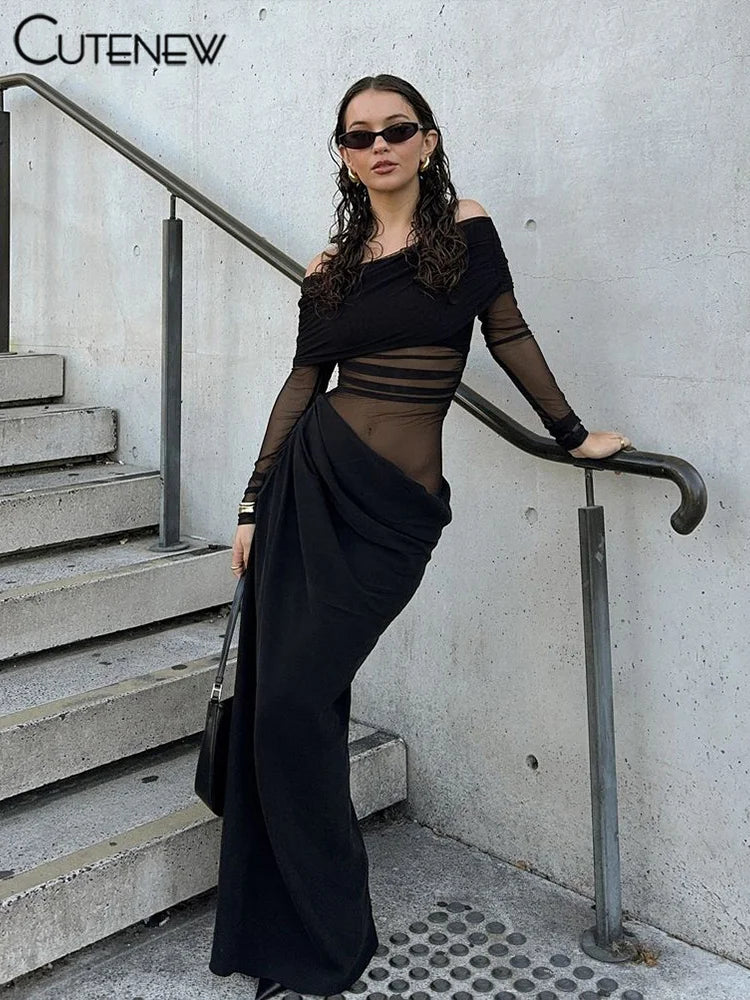 Off-Shoulder Sheer Panel Bodycon Maxi Dress