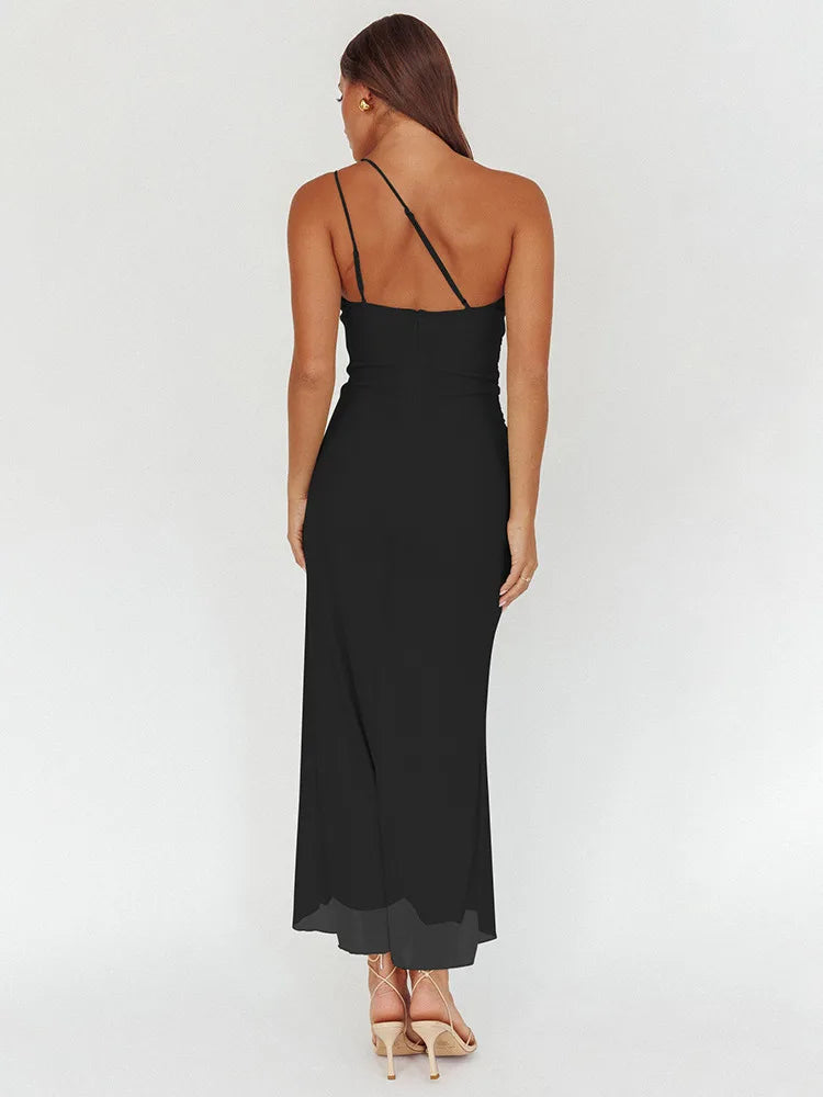 One-Shoulder Ruffle Ruched Midi Dress