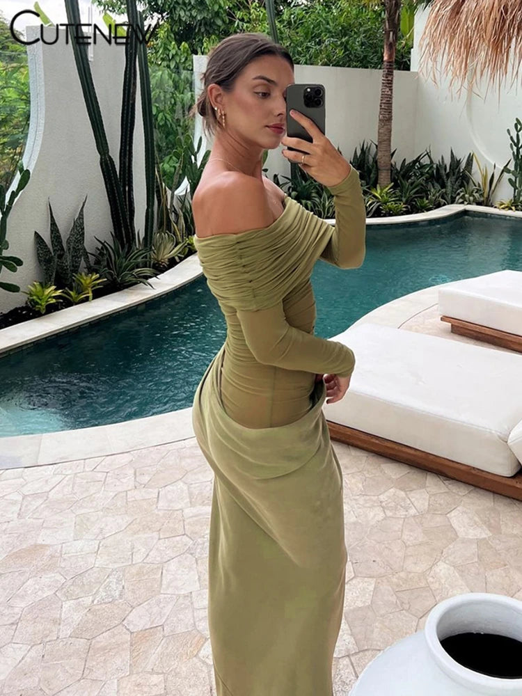 Off-Shoulder Sheer Panel Bodycon Maxi Dress