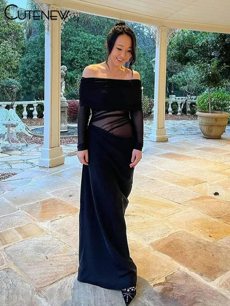 Off-Shoulder Sheer Panel Bodycon Maxi Dress
