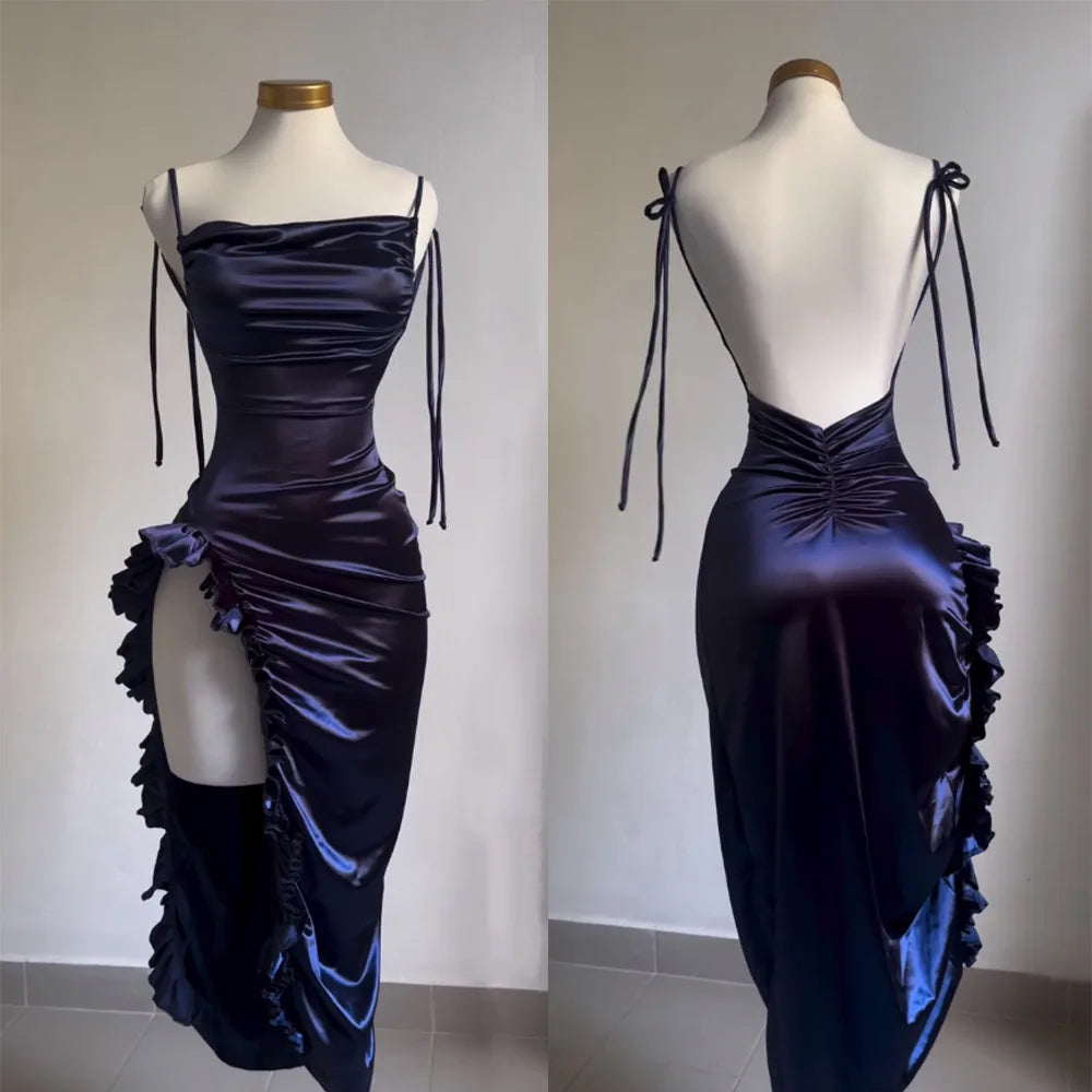 Satin High-Slit Ruffle Evening Dress
