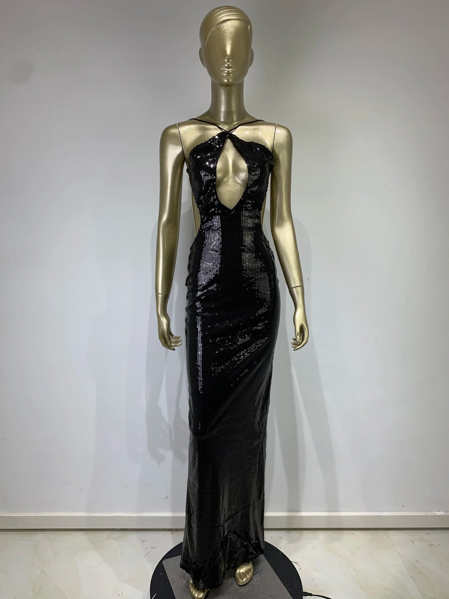 Sequin Halter Plunge Backless Evening Gown
