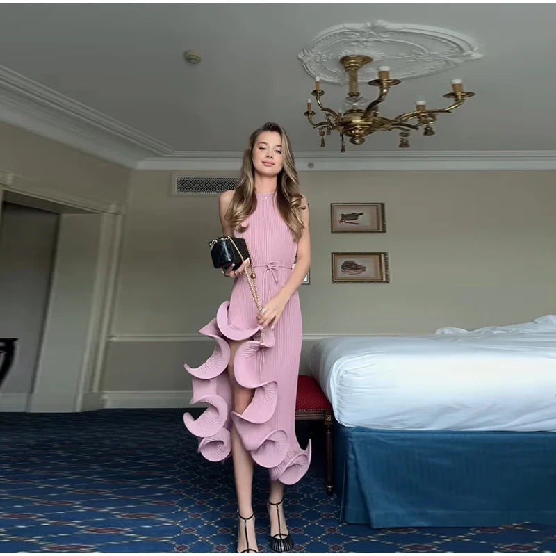 High-Neck Sculpted Ruffle Slit Midi Dress