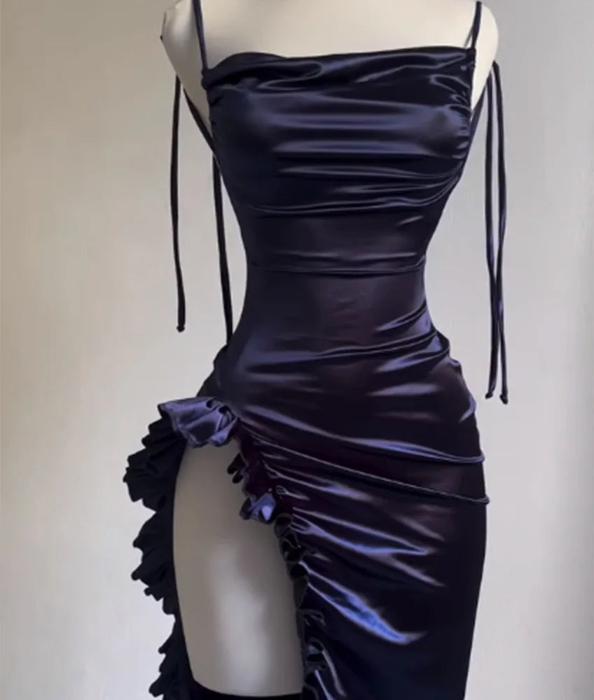 Satin High-Slit Ruffle Evening Dress