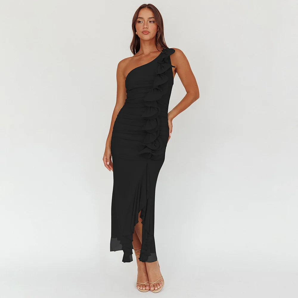 One-Shoulder Ruffle Ruched Midi Dress