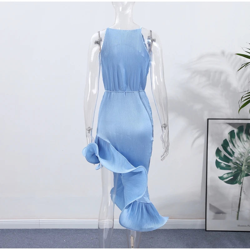 High-Neck Sculpted Ruffle Slit Midi Dress
