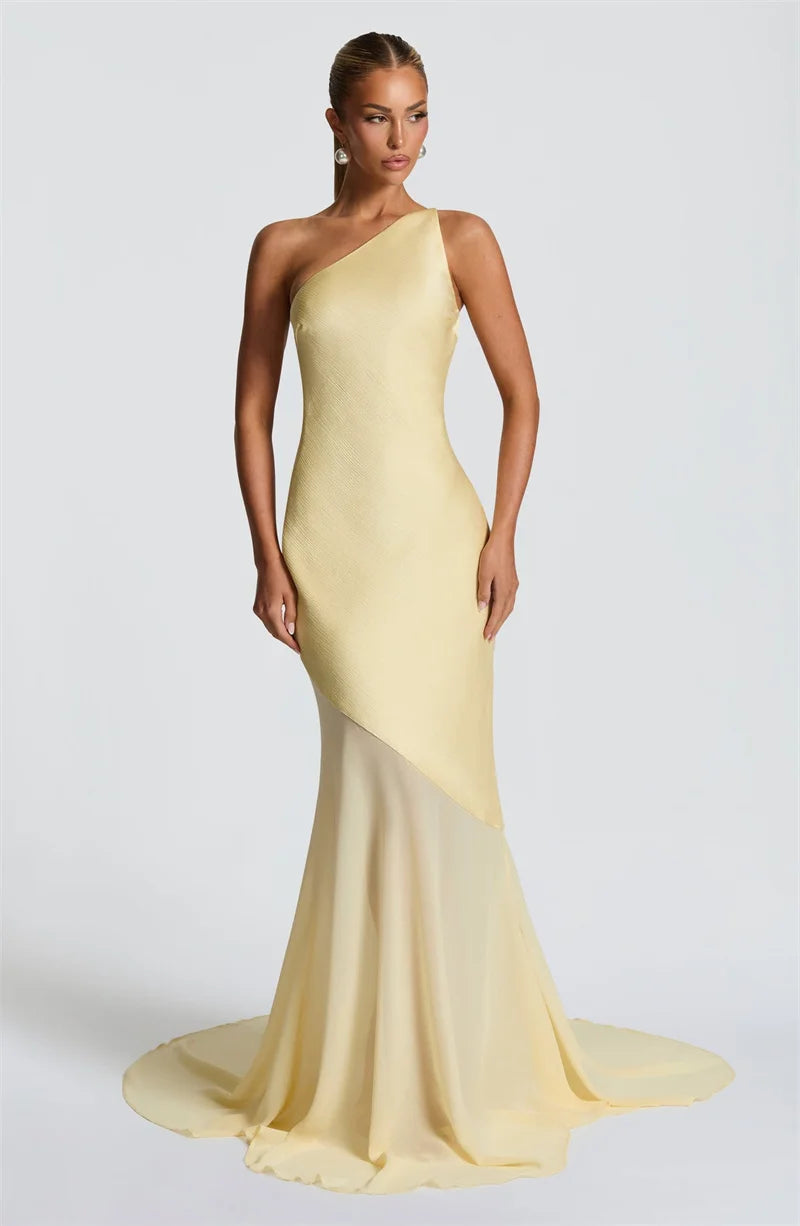 One-Shoulder Sheer Panel Mermaid Gown