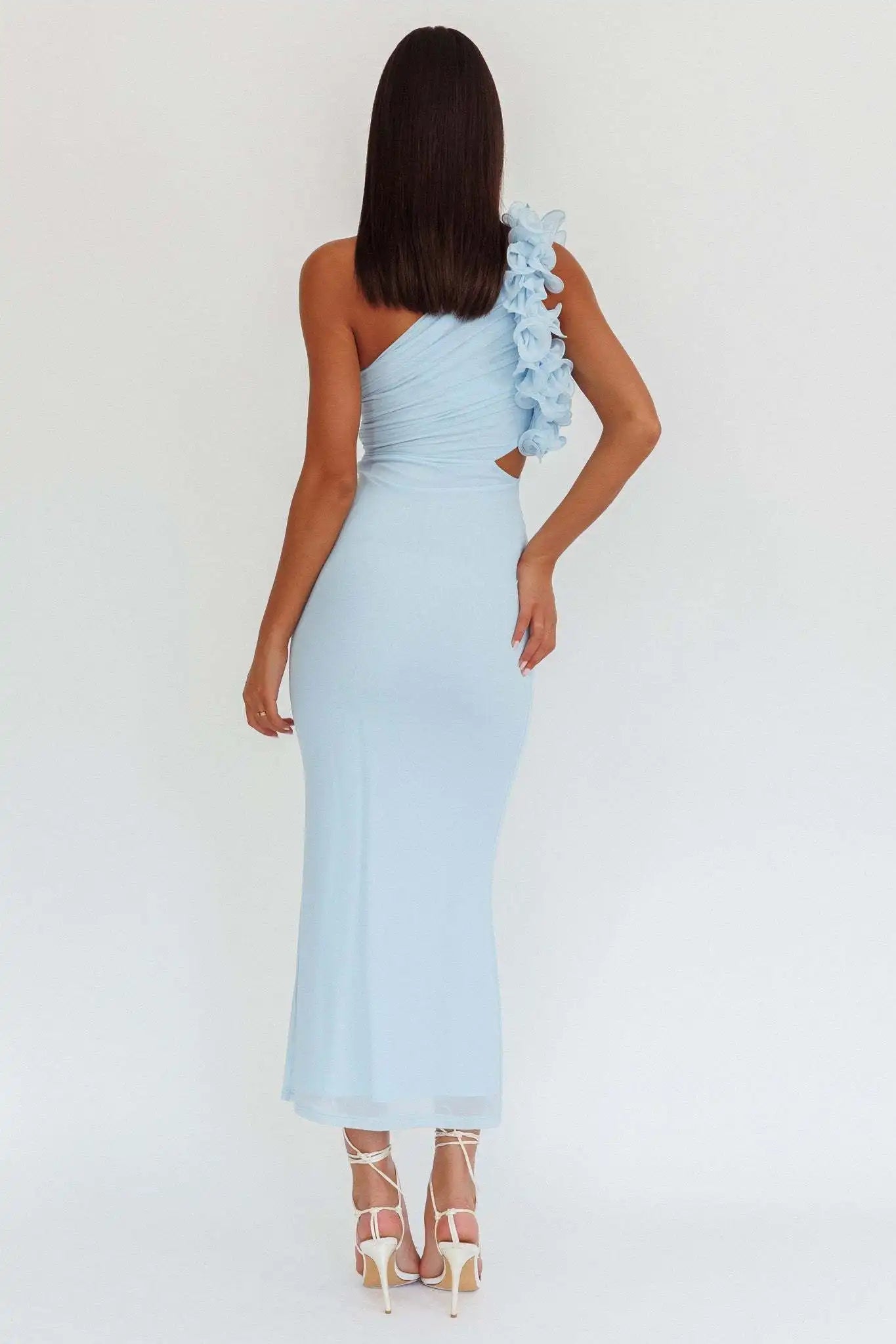One-Shoulder Floral Appliqué Bodycon Midi Dress